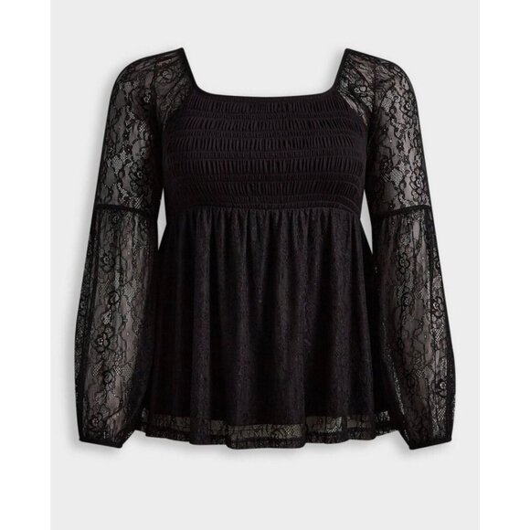 Witchy Dark Romantic Black Lace Smocked Square Neck Baby Doll Top Long Sleeves - Picture 2 of 11